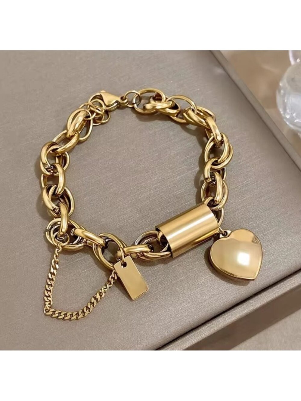 Anthropologie Chunky Gold Chain Bracelet with Heart Lock & Safety Chain